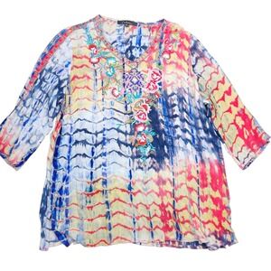 Caleoas Blouse XL Multicolor Embroidered Tie Dye Top Bohemian Boho